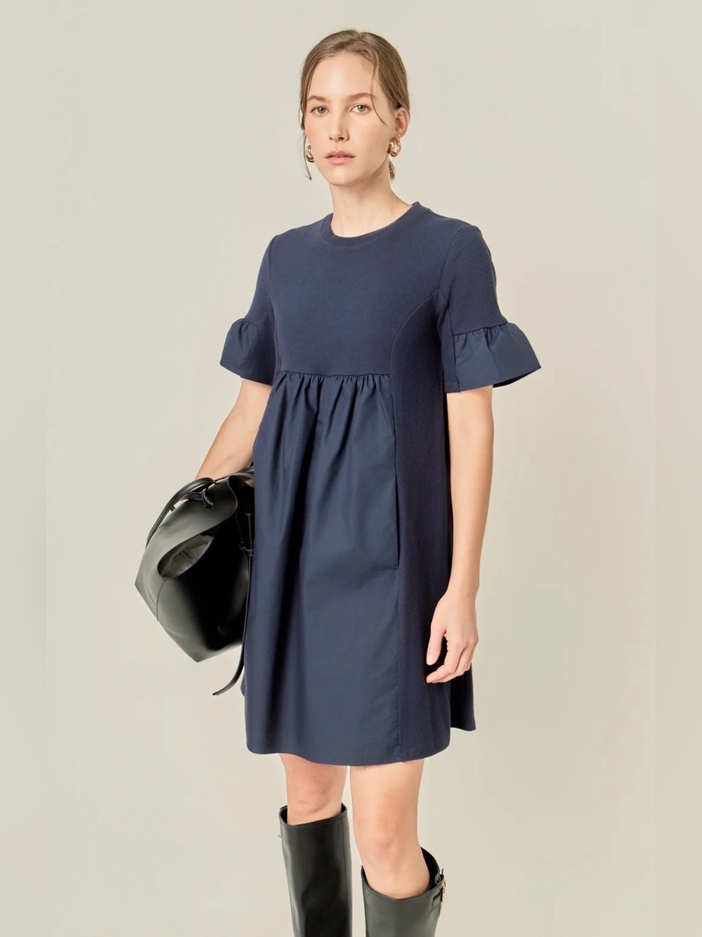 English Factory Mixed Media Ruffle Sleeve Mini Babydoll Dress Blue Size M